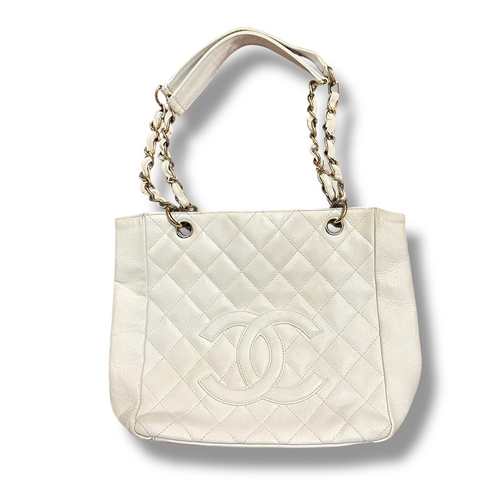 Chanel CC Petite Shopping Tote White With Gold Hardware Caviar Leather REPAINTED
